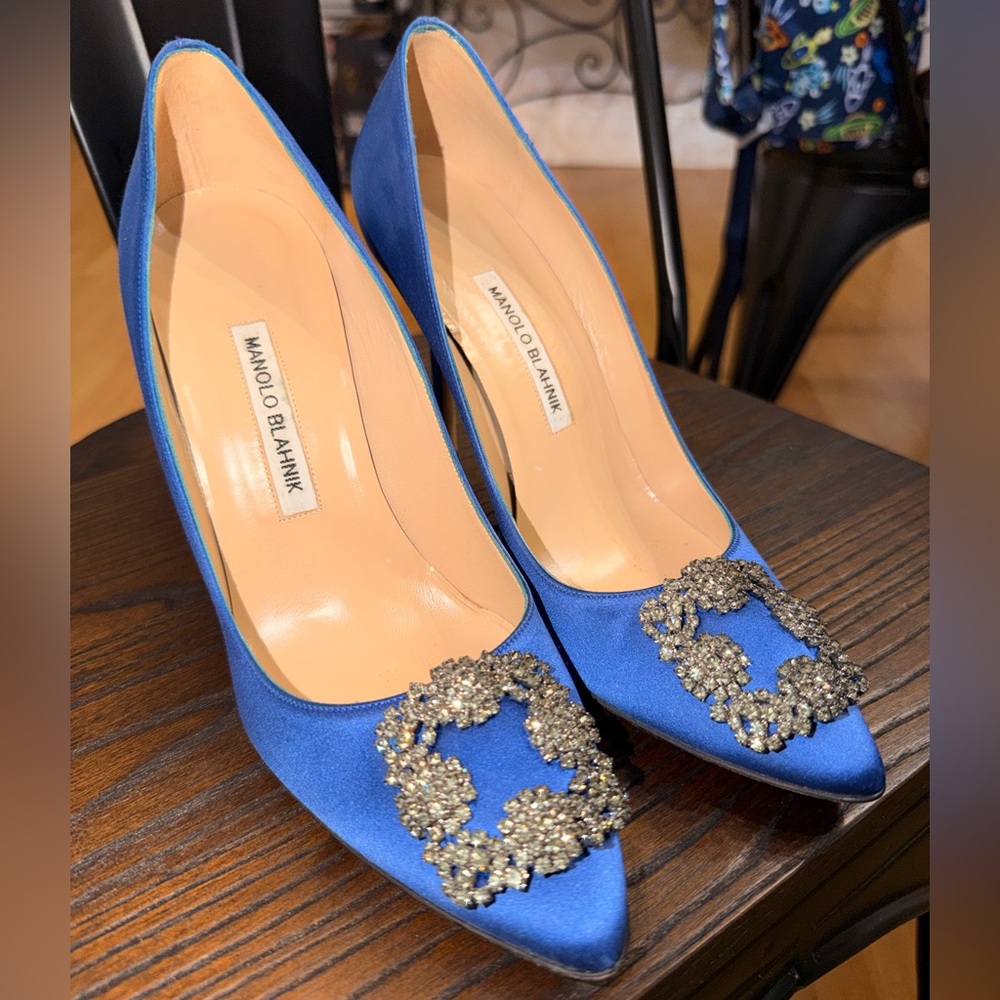 Manolo Blahnik Royal Blue Satin Heels with Crystal Accents